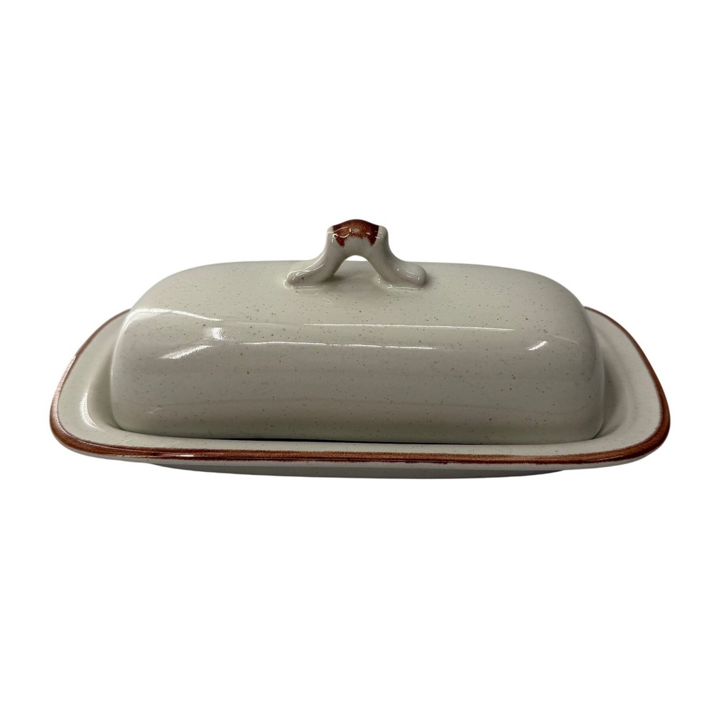 Hearthside Casual Elegance Butter Dish Lid Stoneware Japan Speckled Brown Trim